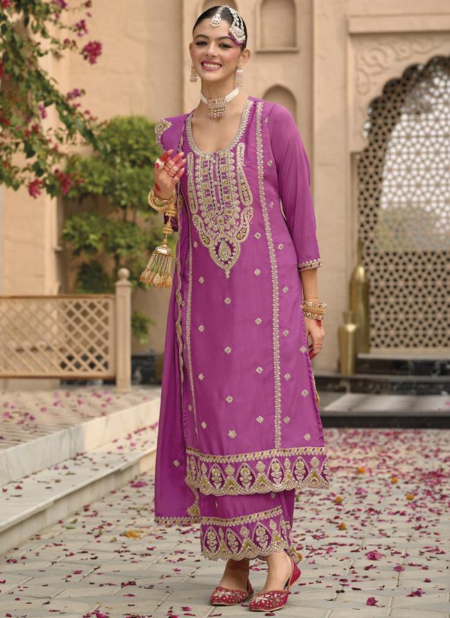 Chinnon Pink Wedding Wear Zari Work Readymade Straight Suit